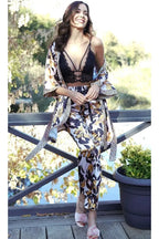 3-Piece Satin Pajama Set – Floral Print Pants, Lace Bralette & Kimono Robe