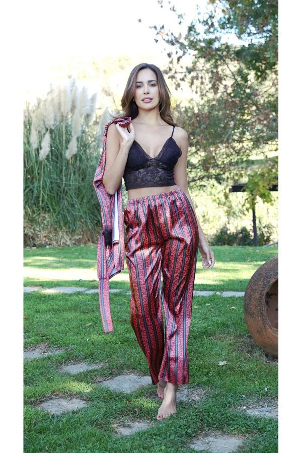 Satin 3-Piece Lounge Set – Tribal Stripe Print Pants, Lace Bralette & Kimono Robe