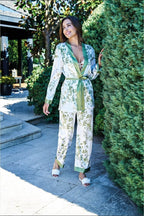 3-Piece Botanical Satin Pajama Set – Robe, Pants & Lace Bralette