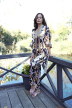 3-Piece Satin Pajama Set – Floral Print Pants, Lace Bralette & Kimono Robe