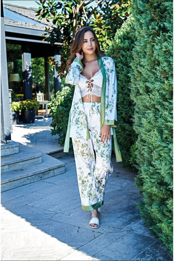 3-Piece Botanical Satin Pajama Set – Robe, Pants & Lace Bralette