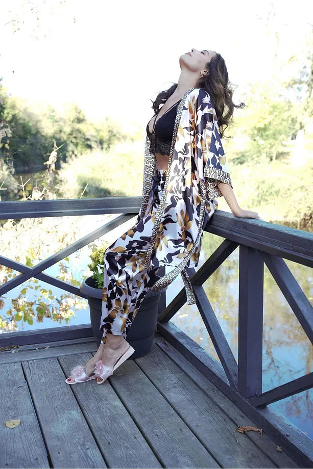 3-Piece Satin Pajama Set – Floral Print Pants, Lace Bralette & Kimono Robe