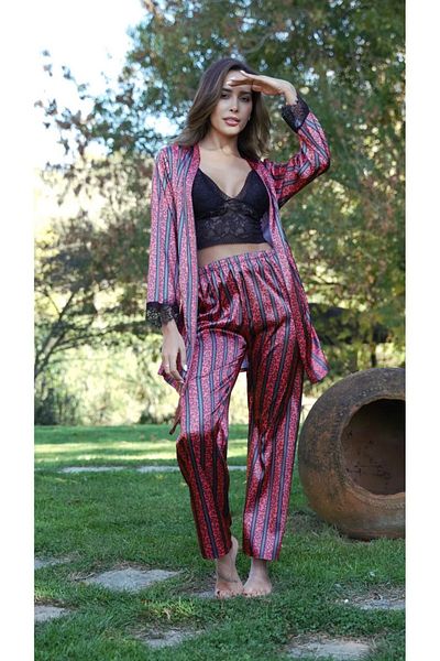 Satin 3-Piece Lounge Set – Tribal Stripe Print Pants, Lace Bralette & Kimono Robe