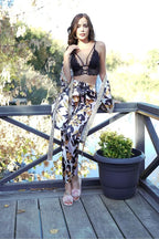 3-Piece Satin Pajama Set – Floral Print Pants, Lace Bralette & Kimono Robe