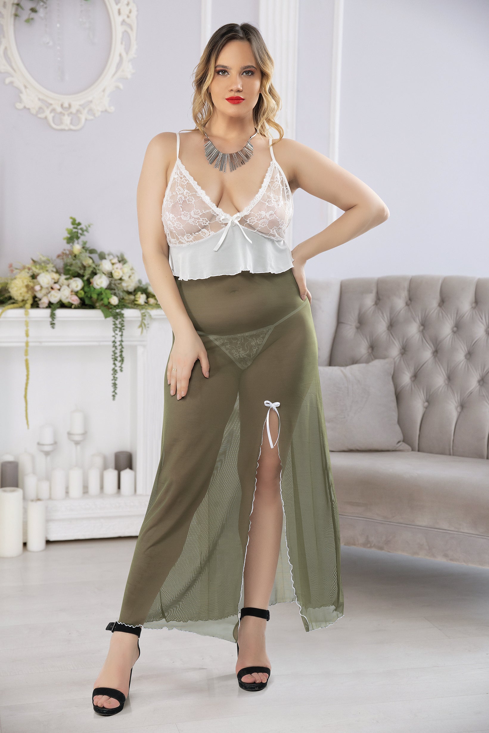 Elegant Olive & White Lace Plus Size Lingerie Set (XL-4XL)