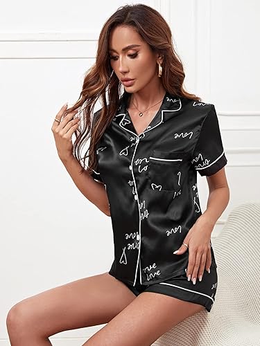 Black Satin Short Pajama Set – Love Script & Heart Print