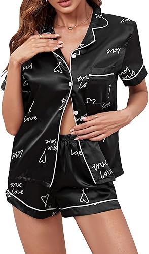Black Satin Short Pajama Set – Love Script & Heart Print