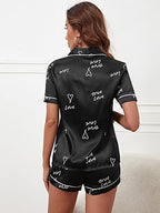 Black Satin Short Pajama Set – Love Script & Heart Print