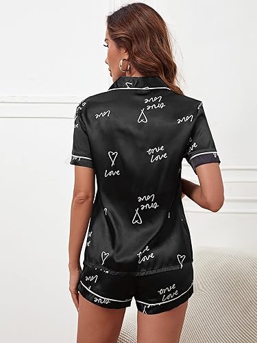 Black Satin Short Pajama Set – Love Script & Heart Print