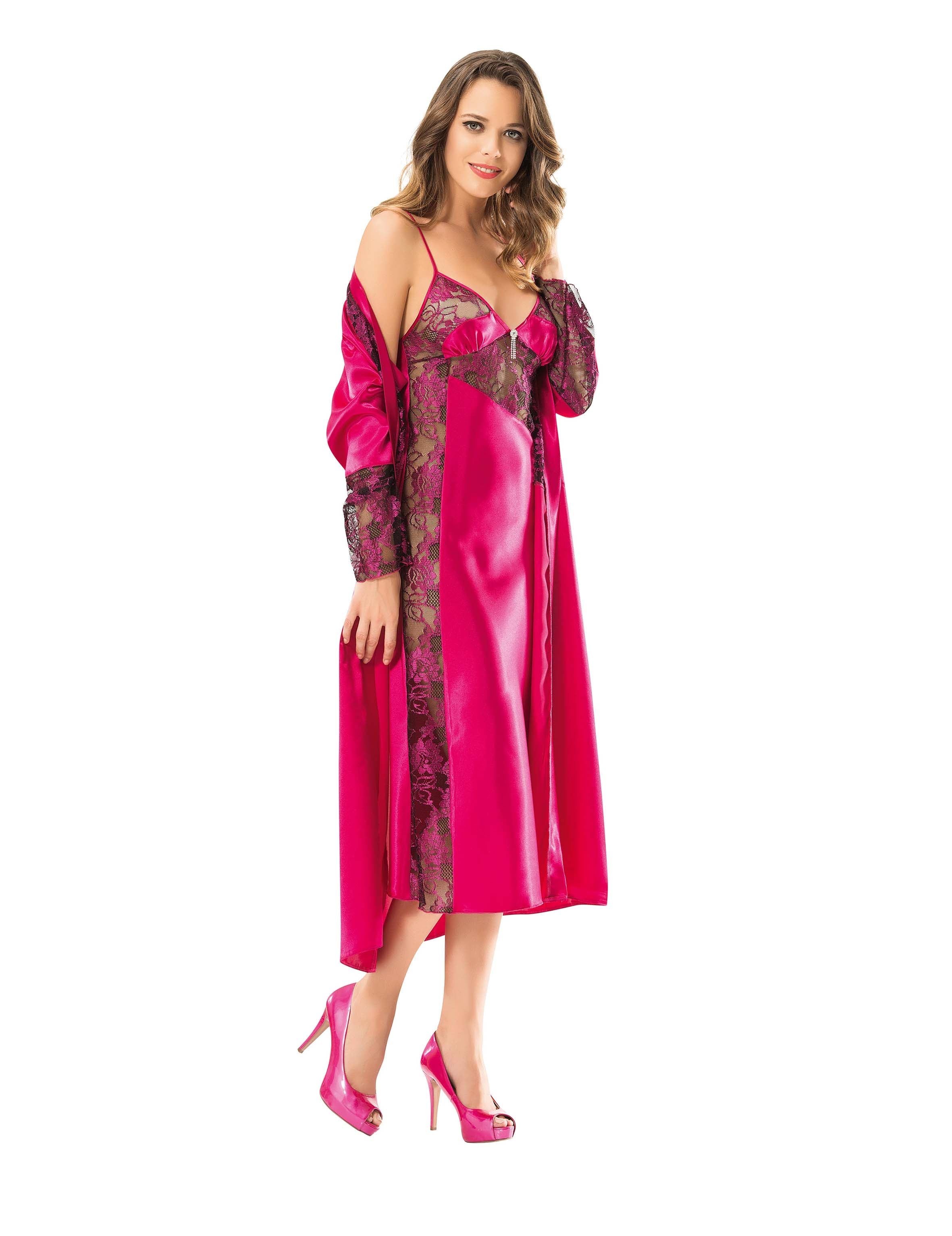 Cherry Pink Silk & Lace Nightwear Set – Elegant Robe & Slip Dress