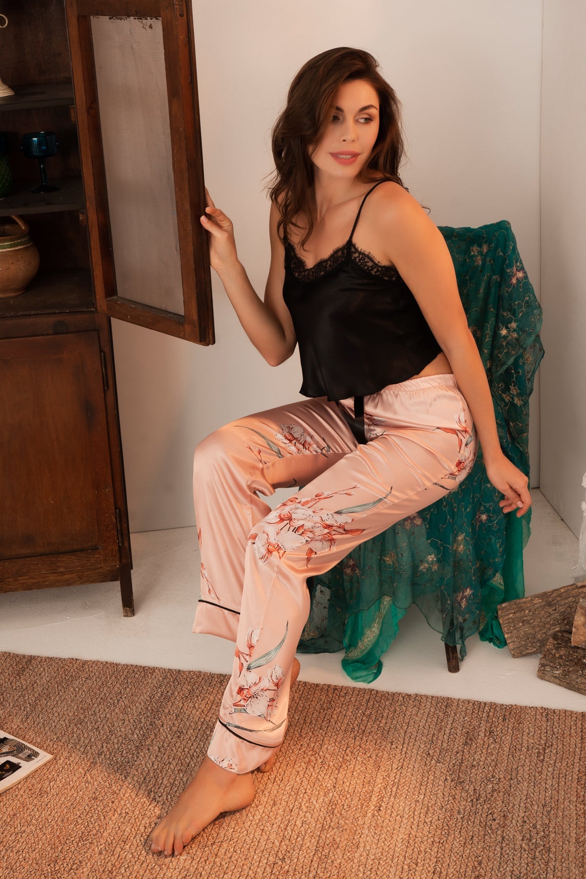 Blossom Nights Satin Pajama Set – Black & Blush Pink