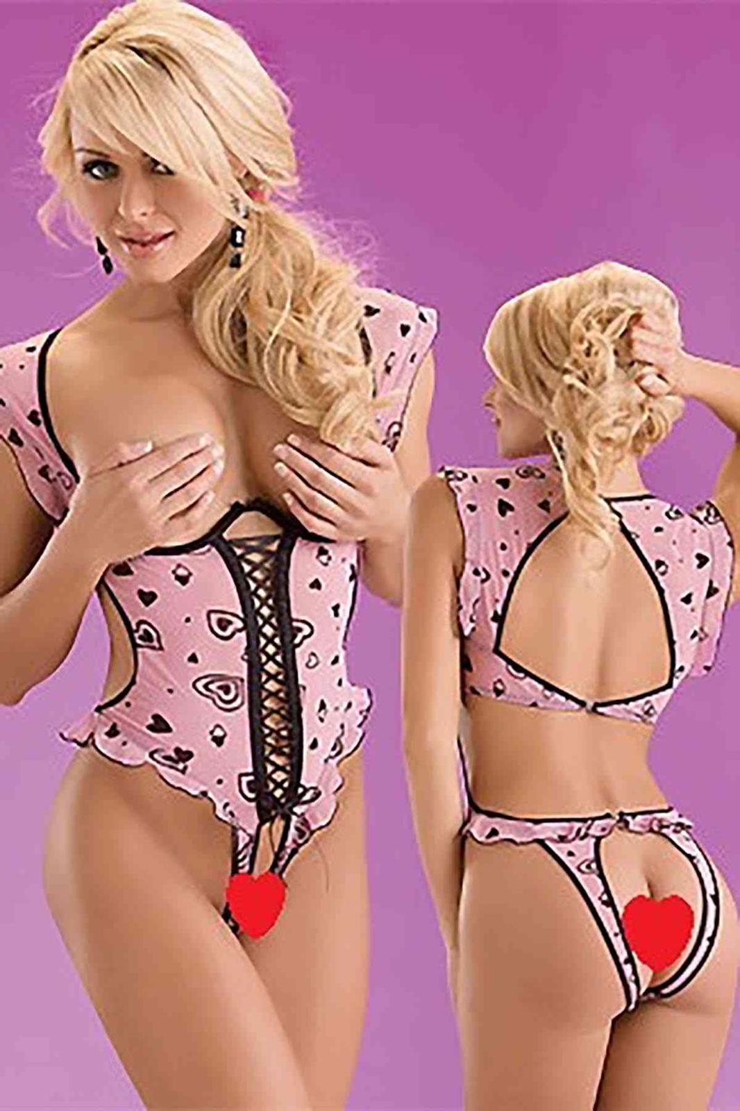 Cute & Flirty Heart Print Crotchless Teddy – Pink Fantasy Lingerie