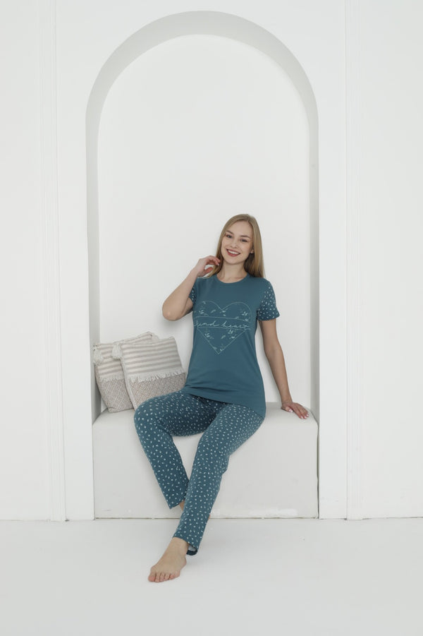 Teal “Kind Heart” Printed Pajama Set – Soft & Stylish Loungewear