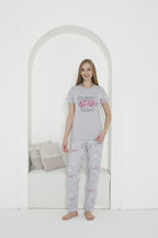 "Sweet Dreams" Cotton Pajama Set – Grey & Pink Printed Sleepwear