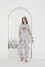 "Sweet Dreams" Cotton Pajama Set – Grey & Pink Printed Sleepwear