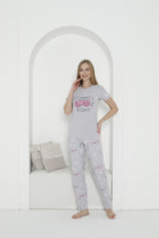 "Sweet Dreams" Cotton Pajama Set – Grey & Pink Printed Sleepwear