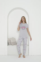 "Sweet Dreams" Cotton Pajama Set – Grey & Pink Printed Sleepwear