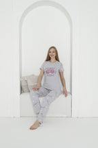 "Sweet Dreams" Cotton Pajama Set – Grey & Pink Printed Sleepwear