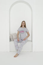 "Sweet Dreams" Cotton Pajama Set – Grey & Pink Printed Sleepwear
