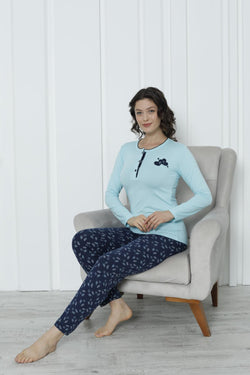 Sky Blue & Navy Floral Cotton Pajama Set – Elegant Comfort