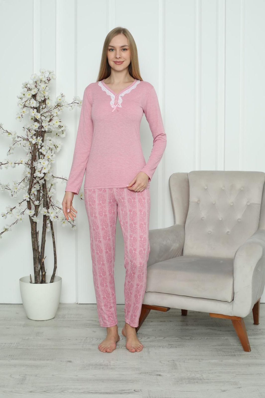 Elegant Lace Trim Pink Pajama Set – Soft Cotton Comfort