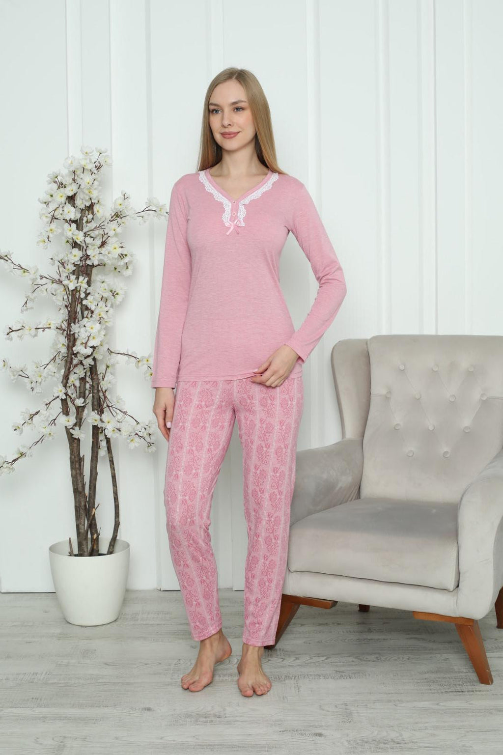 Elegant Lace Trim Pink Pajama Set – Soft Cotton Comfort
