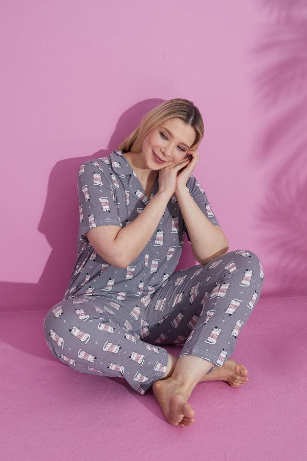 Cute Cat Print Cotton Pajama Set – Cozy & Fun Sleepwear