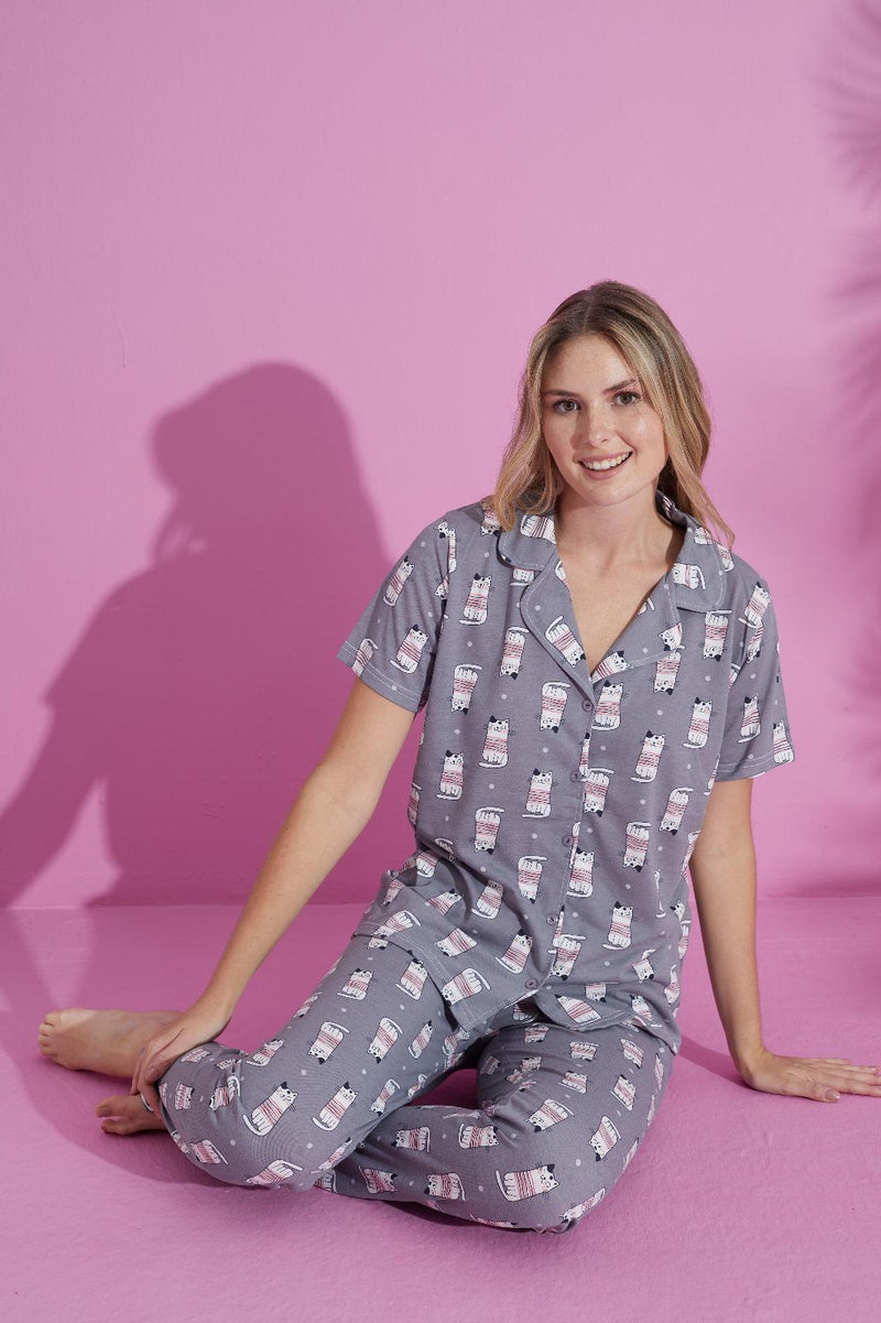 Cute Cat Print Cotton Pajama Set – Cozy & Fun Sleepwear