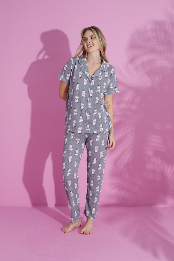 Cute Cat Print Cotton Pajama Set – Cozy & Fun Sleepwear