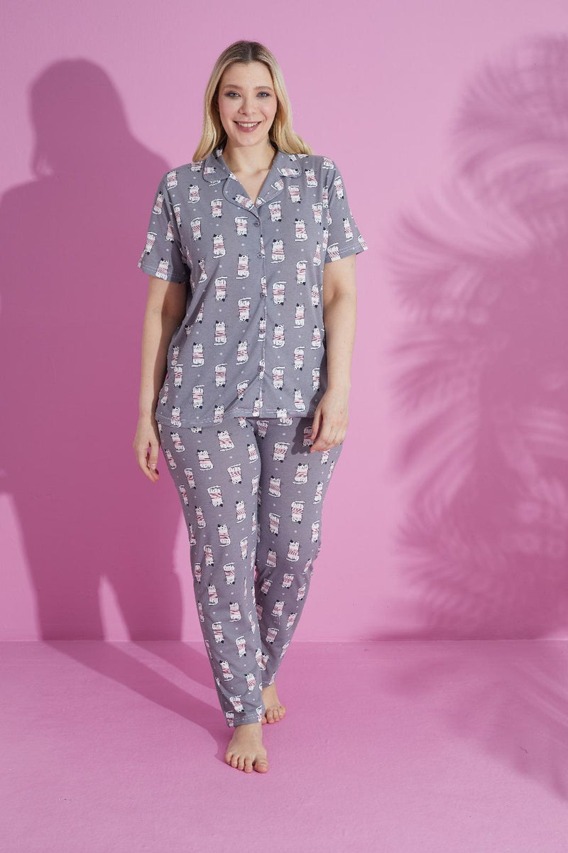 Cute Cat Print Cotton Pajama Set – Cozy & Fun Sleepwear
