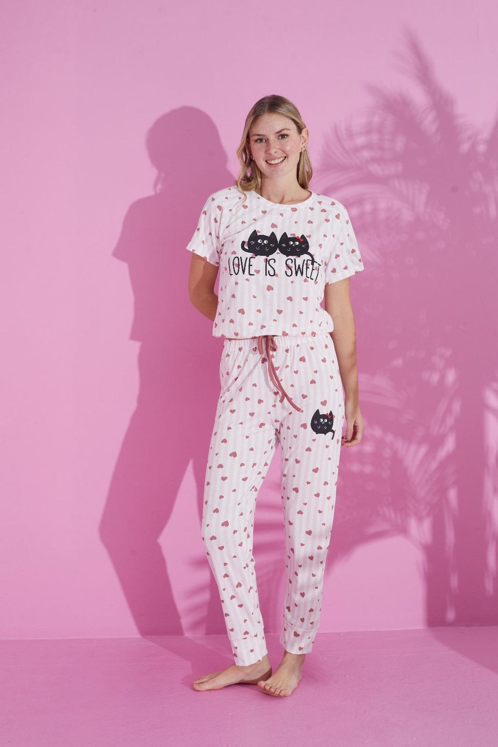 "Love Is Sweet" Long Pajama Set – Cute Cat Print