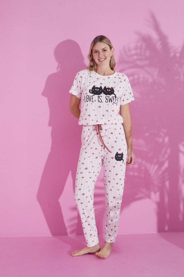 "Love Is Sweet" Long Pajama Set – Cute Cat Print