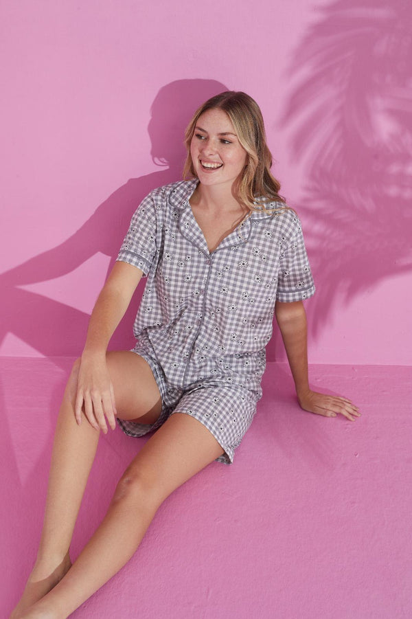 Plaid Floral Short Pajama Set – Soft Cotton Summer Comfort
