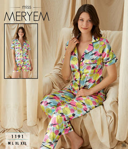 Silk Printed Classic Binding Trim Short Sleeves Womens Pajama set 3 Pieces