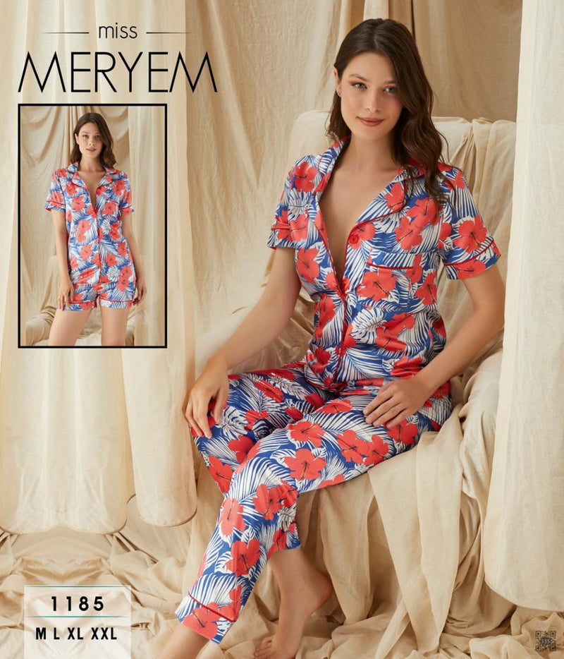 Silk Printed Classic Binding Trim Short Sleeves Womens Pajama set 3 Pieces