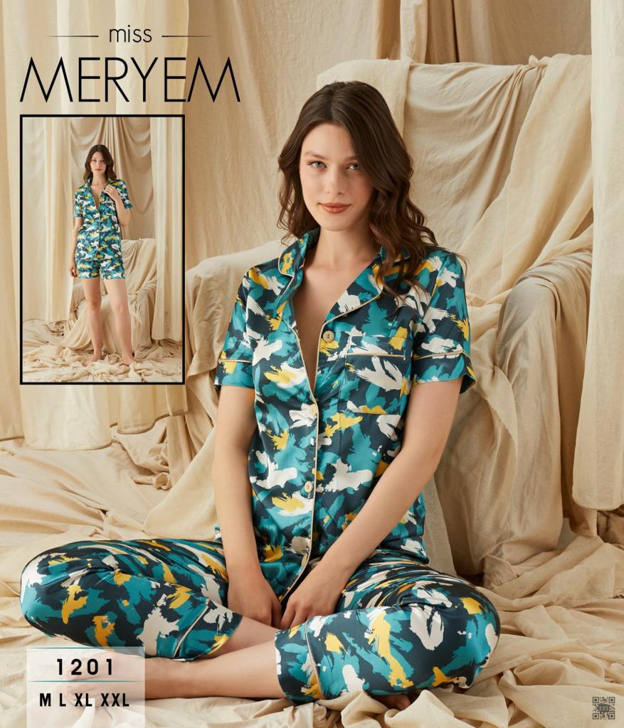 Miss Meryem Satin Pajama Set – Teal Abstract Print
