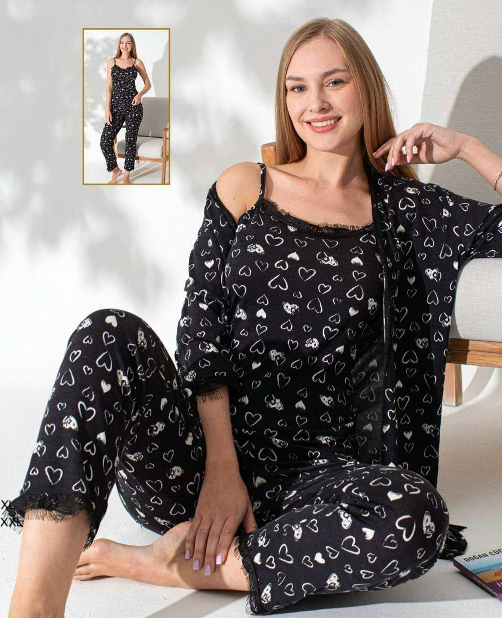 3-Piece Women’s Heart Print Pajama Set – Soft Cotton with Lace Trim