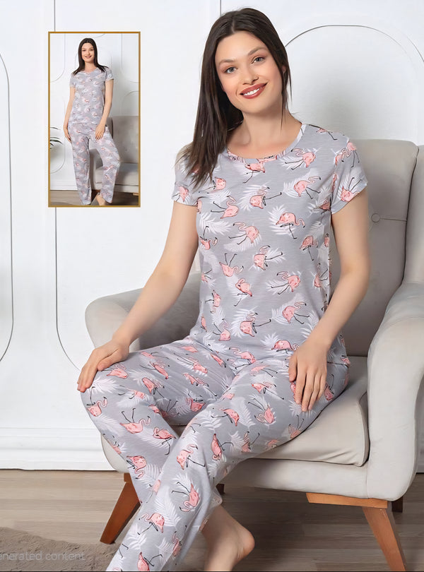 Women’s Flamingo Print Pajama Set – Soft & Lightweight Short Sleeve Loungewear