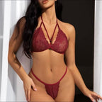 Crimson Lace Strappy Lingerie Set – Sheer Seduction