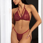 Crimson Lace Strappy Lingerie Set – Sheer Seduction