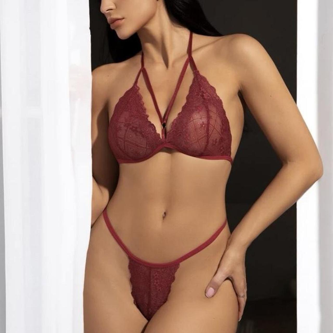 Crimson Lace Strappy Lingerie Set – Sheer Seduction