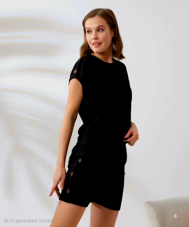 Women’s Button Detail Cotton Lounge Set – Short Sleeve Top & Shorts (Black & Green)
