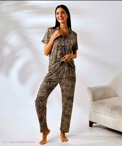 Women’s Leopard Print Cotton Pajama Set – Soft & Breathable Loungewear
