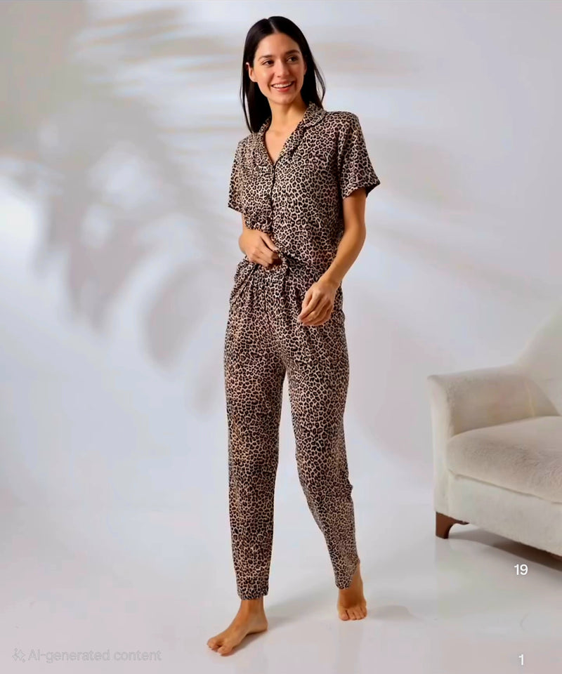 Women’s Leopard Print Cotton Pajama Set – Soft & Breathable Loungewear