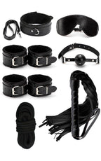 7-Piece Beginner BDSM Bondage Kit – Soft Black Faux Leather Restraints Set