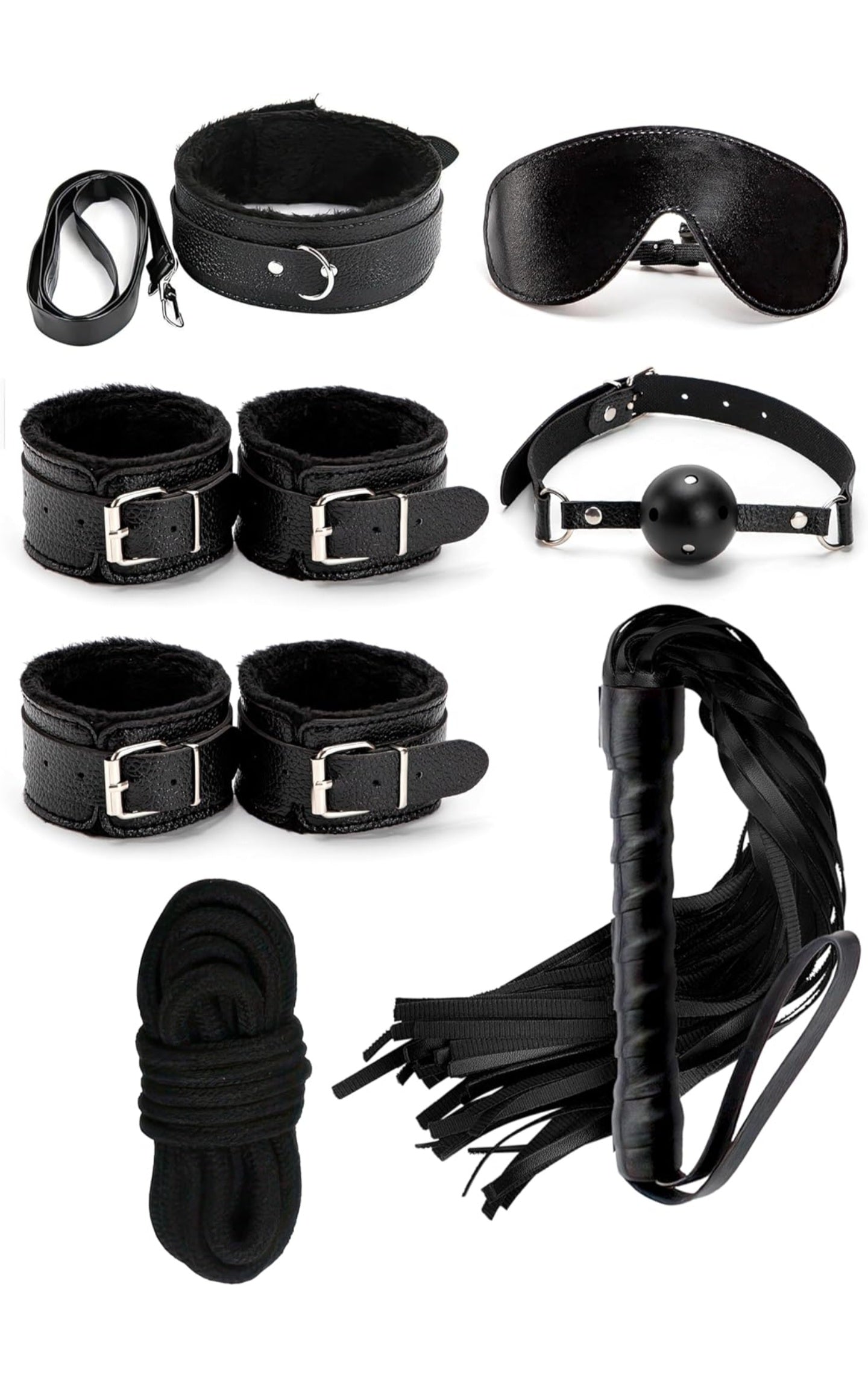 7-Piece Beginner BDSM Bondage Kit – Soft Black Faux Leather Restraints Set
