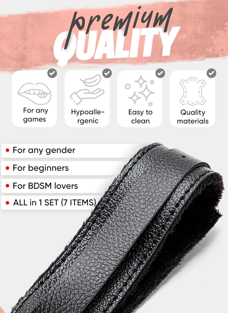 7-Piece Beginner BDSM Bondage Kit – Soft Black Faux Leather Restraints Set