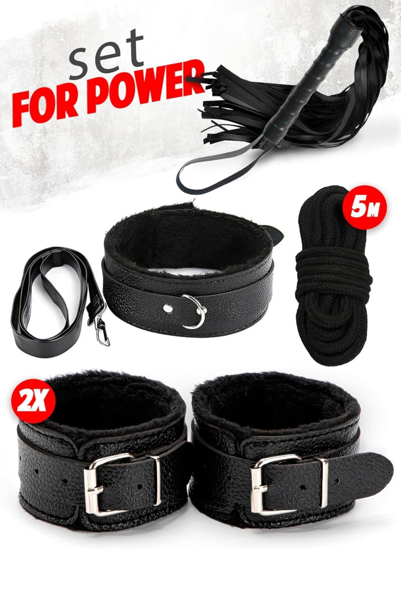 7-Piece Beginner BDSM Bondage Kit – Soft Black Faux Leather Restraints Set