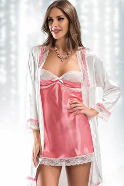 Pink & White Short Satin Nightwear Set – Lace Trim Robe & Slip