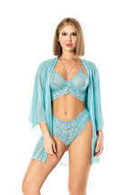 Aqua Lace Fantasy Lingerie Set with Sheer Robe